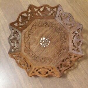 Vintage Inlaid Hand Carved Decorative Serving Bowl Vintage Wooden Tray India